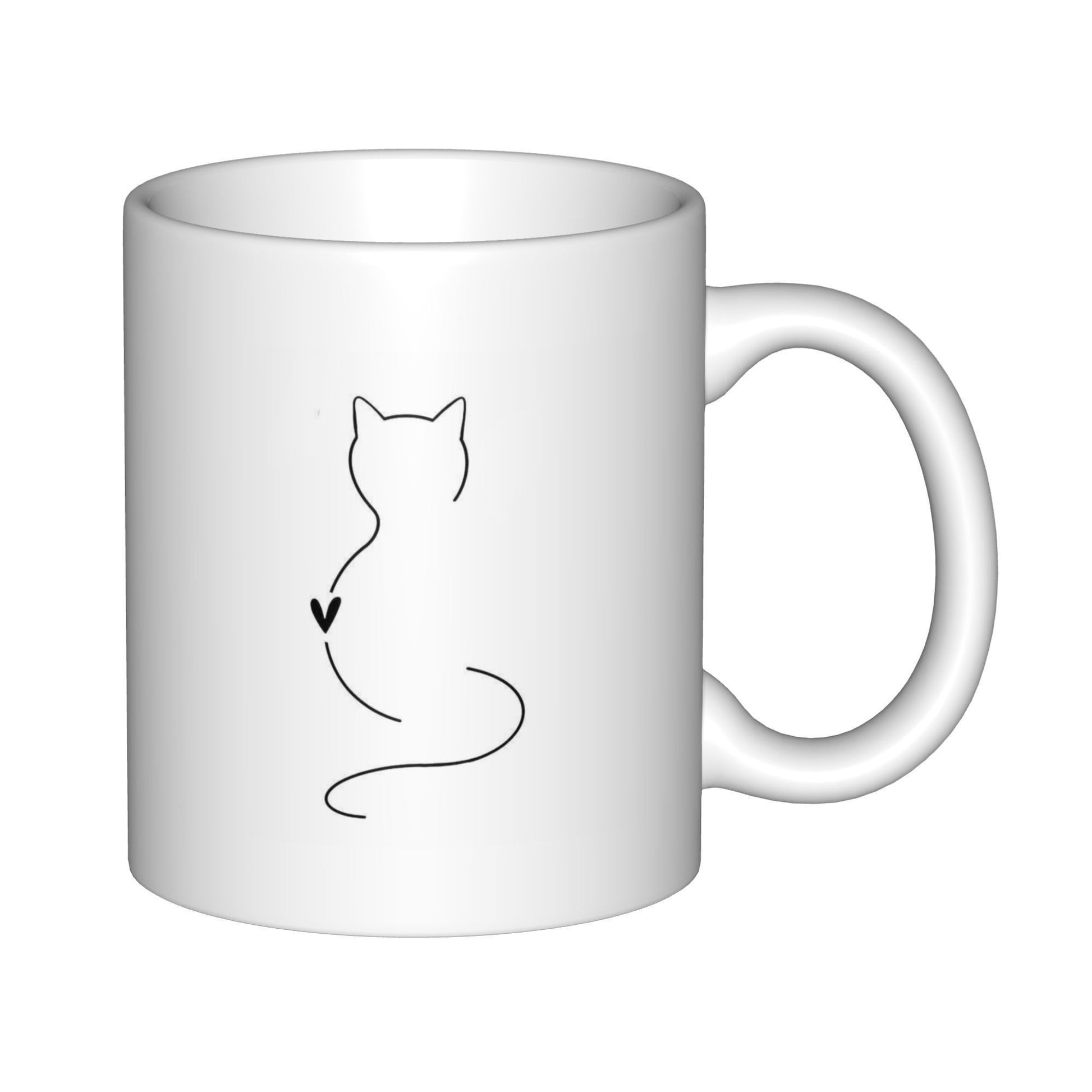 Tailorly White Ceramic 11 oz Mug - Minimalist Simple Black Line Art Featuring A Sitting Graceful Pet Cat