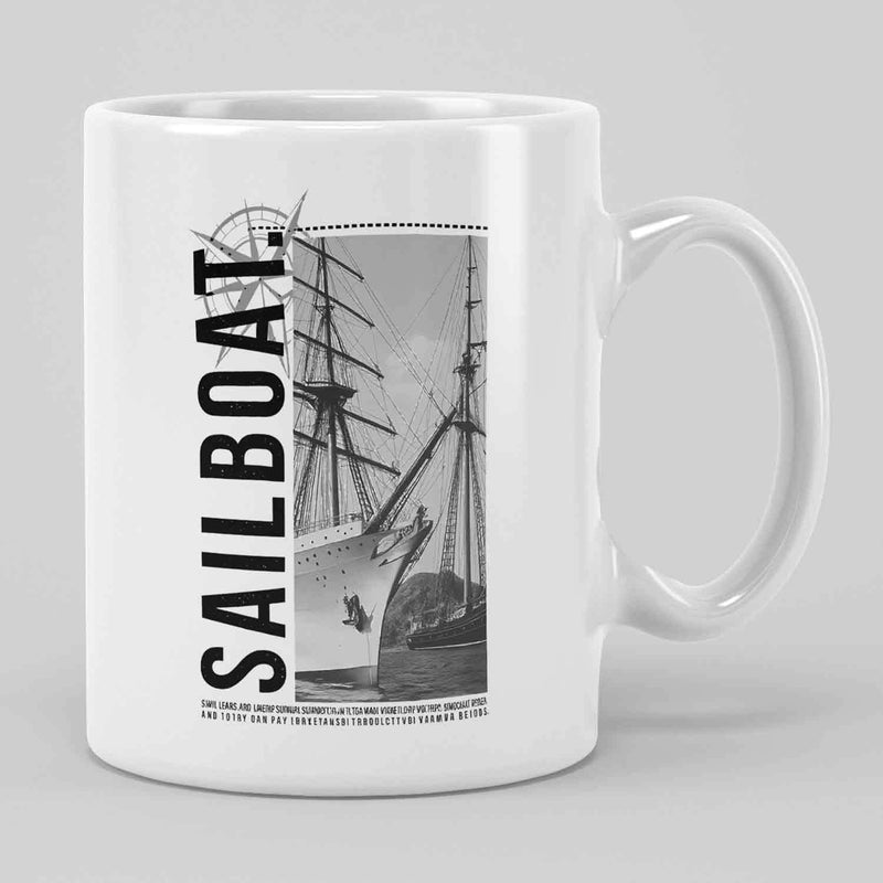 Tailorly White Ceramic 11 oz Mug - Sailboat Vintage Nautical Maritime Tall Ship Sailing Across Still Waters Sailboat