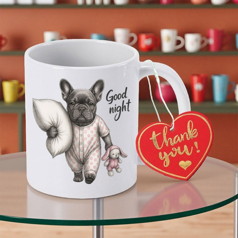 Tailorly White Ceramic 11 oz Mug - Good Night Cute French Bulldog In Pajamas Holding Pillow And Bunny Plush Dog