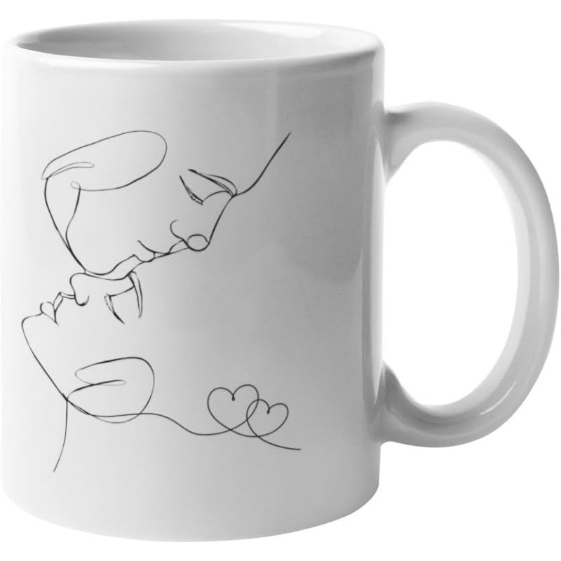Tailorly White Ceramic 11 oz Mug - Minimalist Romantic Line Art Drawing With Small Hearts Artistic Couple