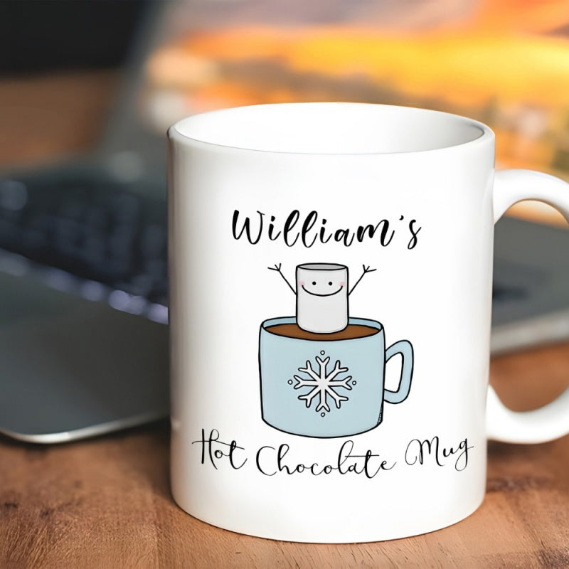 Tailorly White Ceramic 11 oz Mug - Williams Hot Chocolate Mug Cute Smiling Cartoon Sitting Inside A Cozy Blue Winter Beverage Marshmallow