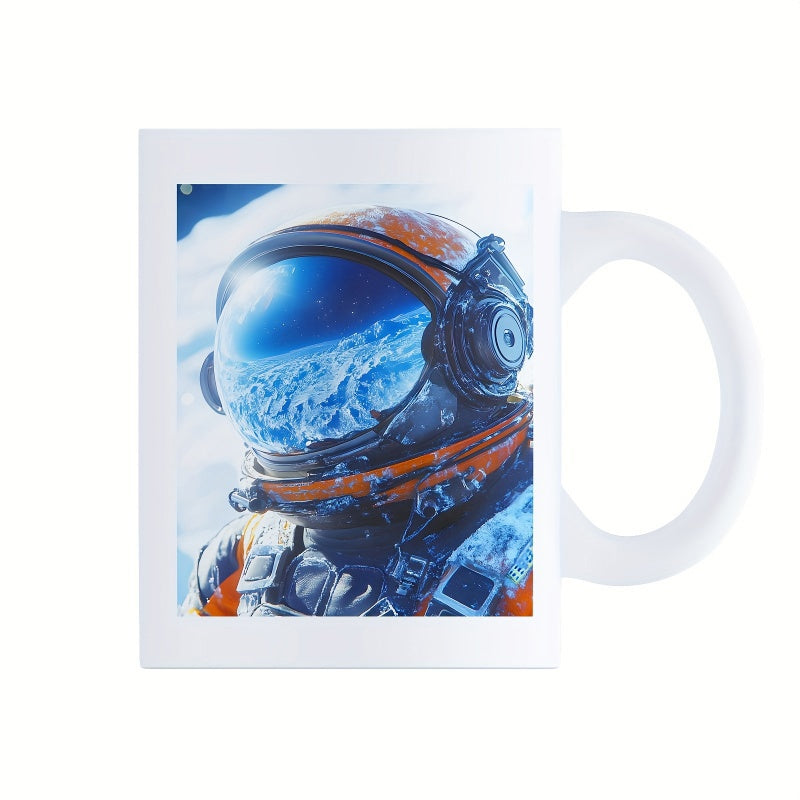 Tailorly White Ceramic 11 oz Mug - Intricate Orange Spacesuit Helmet Reflecting Cold Icy Lunar Landscape Under Bright Light Astronaut