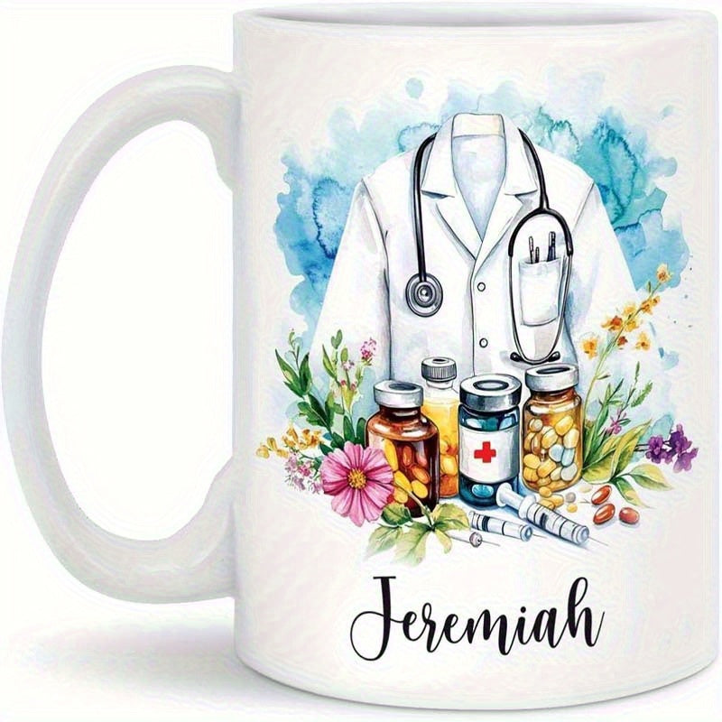 Tailorly White Ceramic 11 oz Mug - Jeremiah Watercolor White Lab Coat Stethoscope And Medicine Bottles Among Colorful Flowers Mug