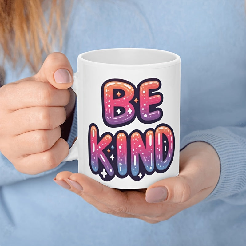Tailorly White Ceramic 11 oz Mug - Be Kind Vibrant Bubble Letters Featuring Galaxy Gradient And Twinkling Starry Mug
