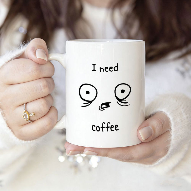 Tailorly White Ceramic 11 oz Mug - I Need Coffee Minimalist Black Line Drawing Of Expressive Tired Face With Wide Eyes Face