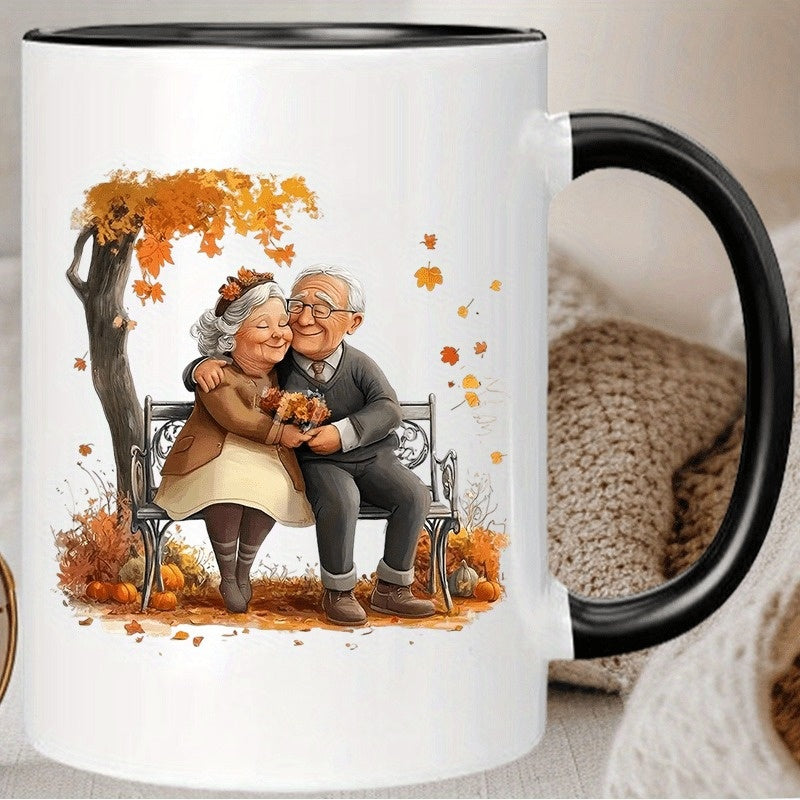 Tailorly Black Accent 11 oz Mug - cozy old couple with pumpkin design