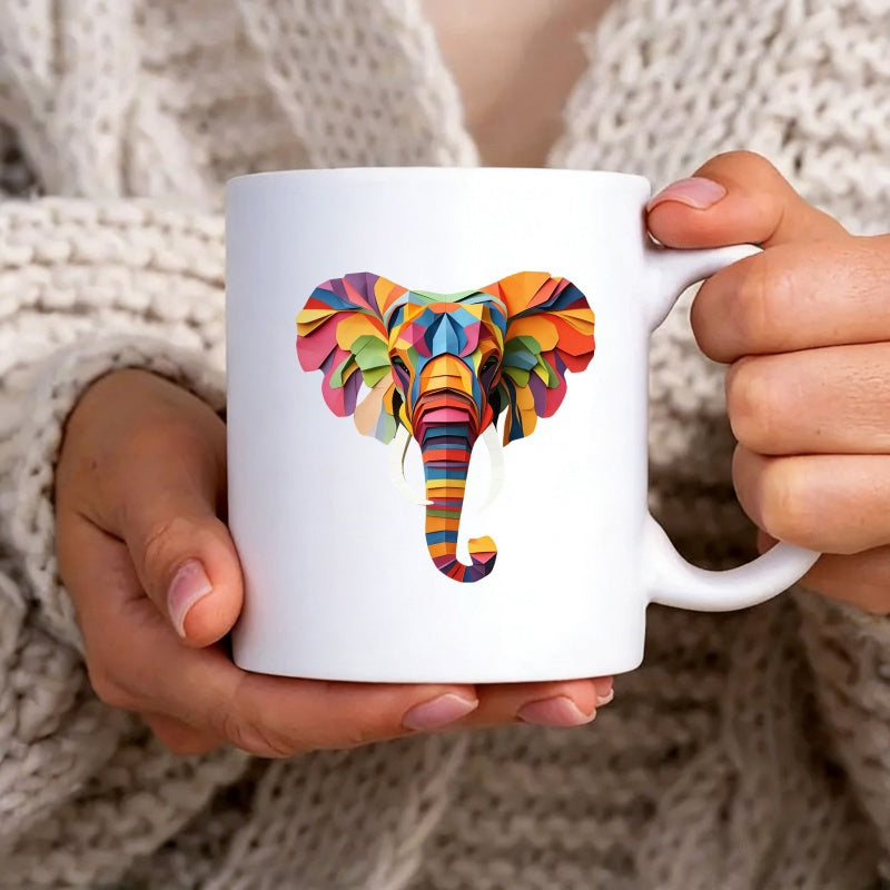 Tailorly White Ceramic 11 oz Mug - Vibrant Layered Paper Cut Style Art With Colorful Geometric Shapes Elephant