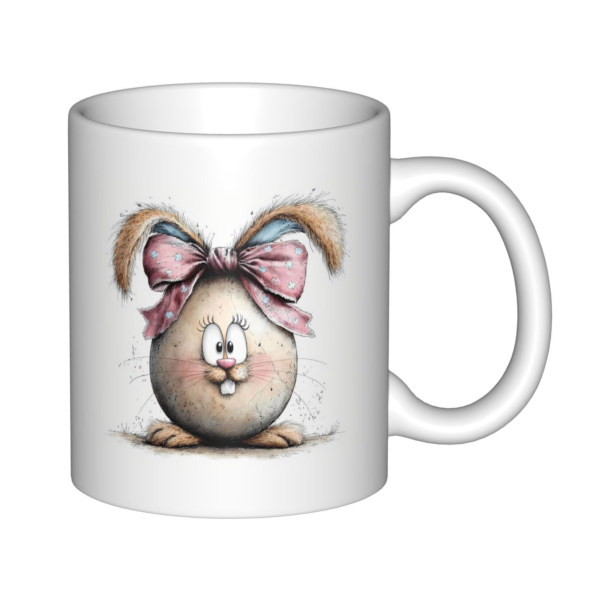 Tailorly White Ceramic 11 oz Mug - Adorable Egg Character With Fluffy Ears And Pink Ribbon Bow Rabbit
