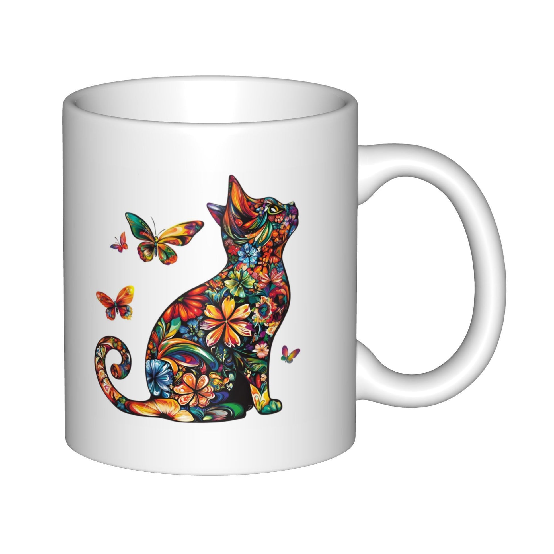 Tailorly White Ceramic 11 oz Mug - Colorful Floral Pattern Featuring Graceful Butterflies Around A Sitting Garden Cat