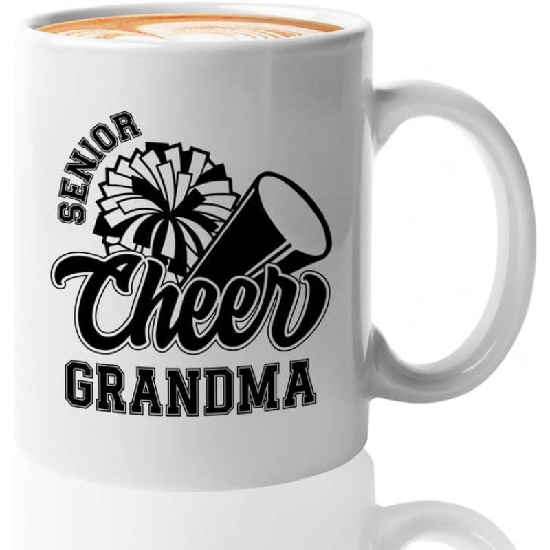 Tailorly White Ceramic 11 oz Mug - Senior Cheer Grandma Stylized Pompom And Loud Megaphone Featuring Athletic Icons For High School Mug