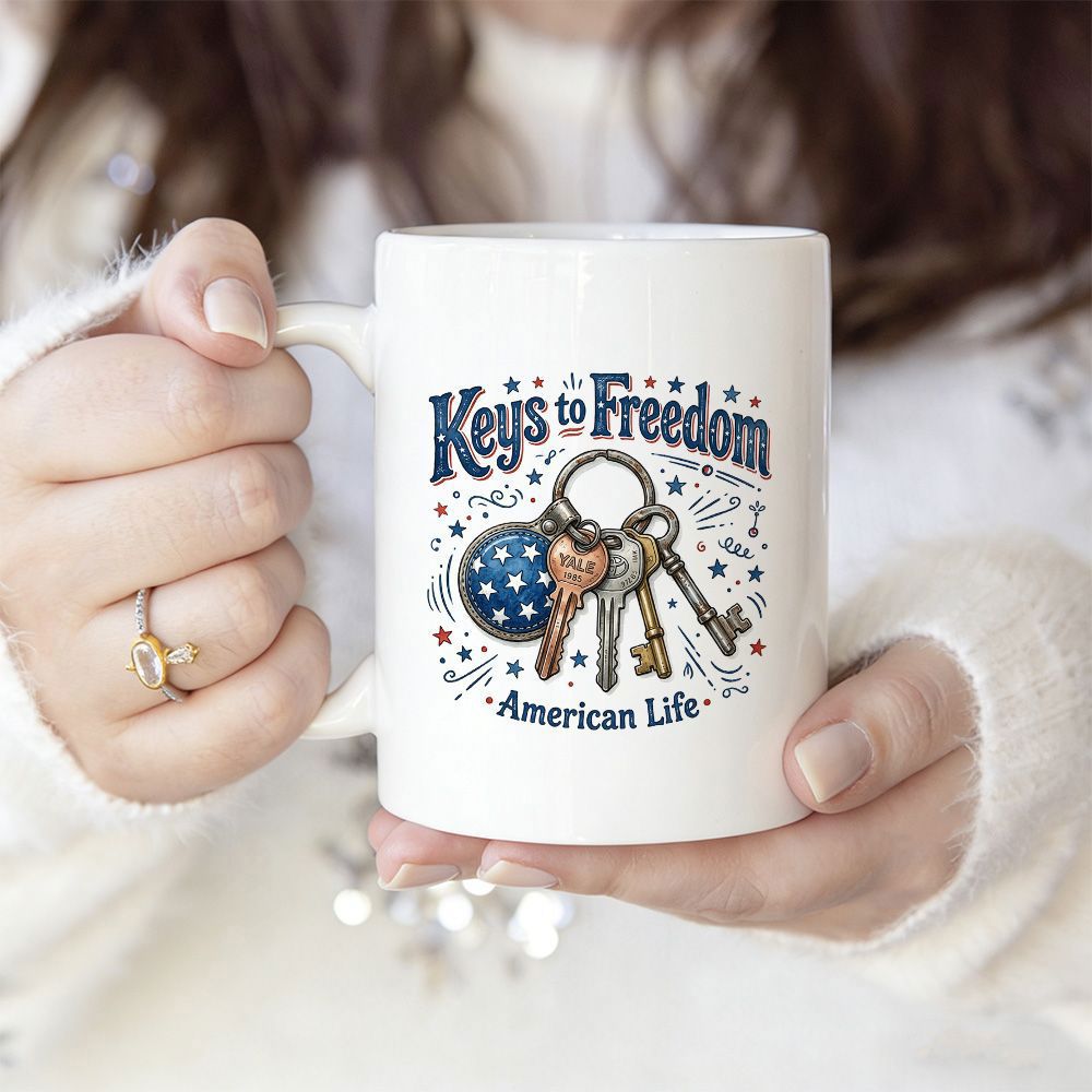 Tailorly White Ceramic 11 oz Mug - Keys To Freedom American Life Vintage Key Ring With Patriotic Star Ball Decoration Keys