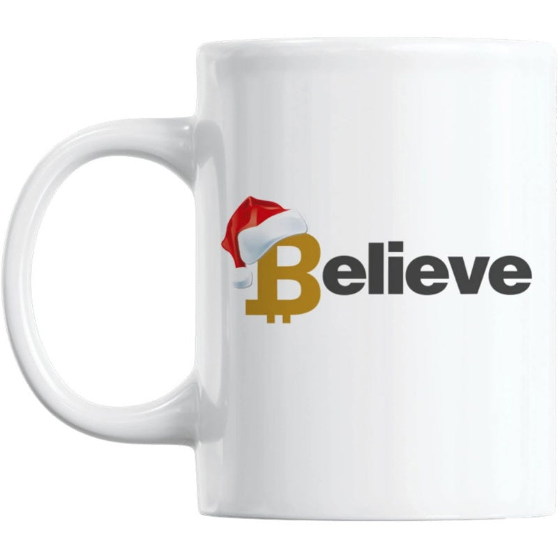 Tailorly White Ceramic 11 oz Mug - Believe Festive Cryptocurrency Symbol Wearing Santa Hat On