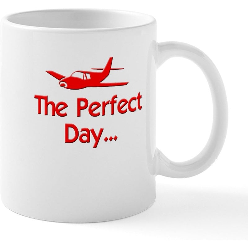 Tailorly White Ceramic 11 oz Mug - The Perfect Day Sleek Red Propeller Aircraft Flying Smoothly Across A Clear Minimalist Background Airplane