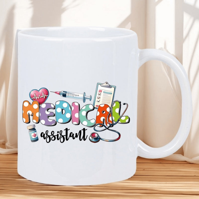 Tailorly White Ceramic 11 oz Mug - Medical Assistant Vibrant Polka Dot Letters Combined With Professional Healthcare Icons Mug