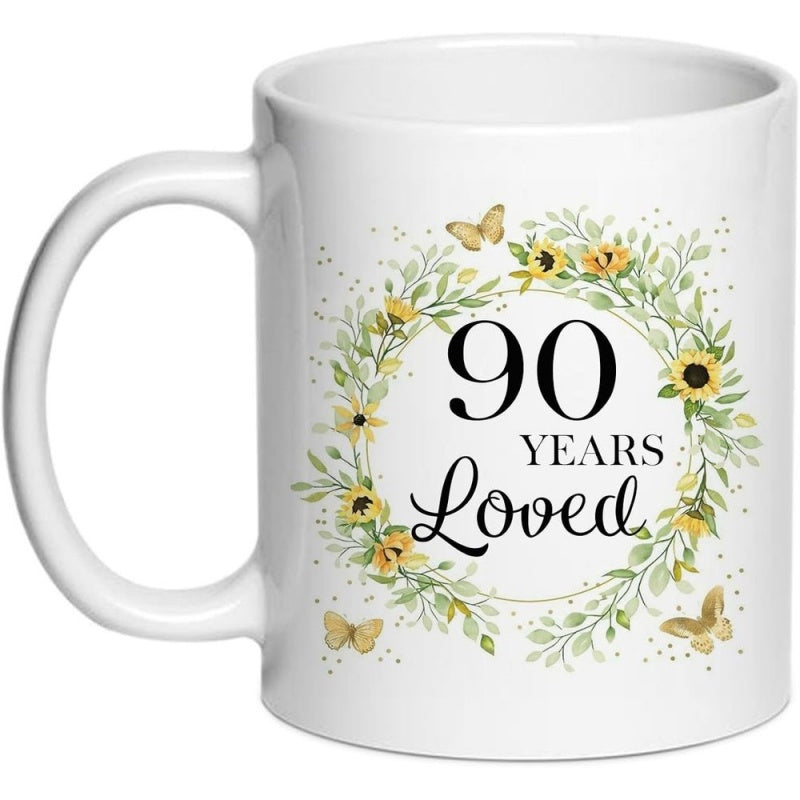 Tailorly White Ceramic 11 oz Mug - 90 Years Loved Delicate Green Leaves Yellow Sunflowers And Golden Butterflies In Circular Wreath Mug