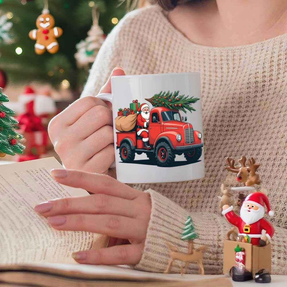 Tailorly White Ceramic 11 oz Mug - Merry Santa Driving A Vintage Red Pickup Carrying Festive Green Pine Truck