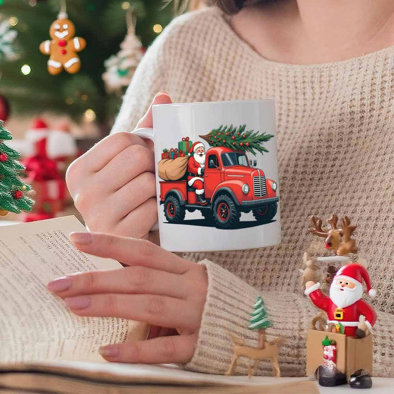 Tailorly White Ceramic 11 oz Mug - Merry Santa Driving A Vintage Red Pickup Carrying Festive Green Pine Truck