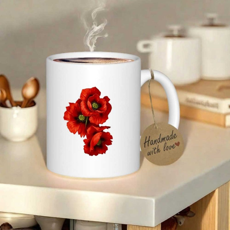Tailorly White Ceramic 11 oz Mug - Handmade With Love Vibrant Red Poppies Blooming Elegantly On A Clean White Surface Flower