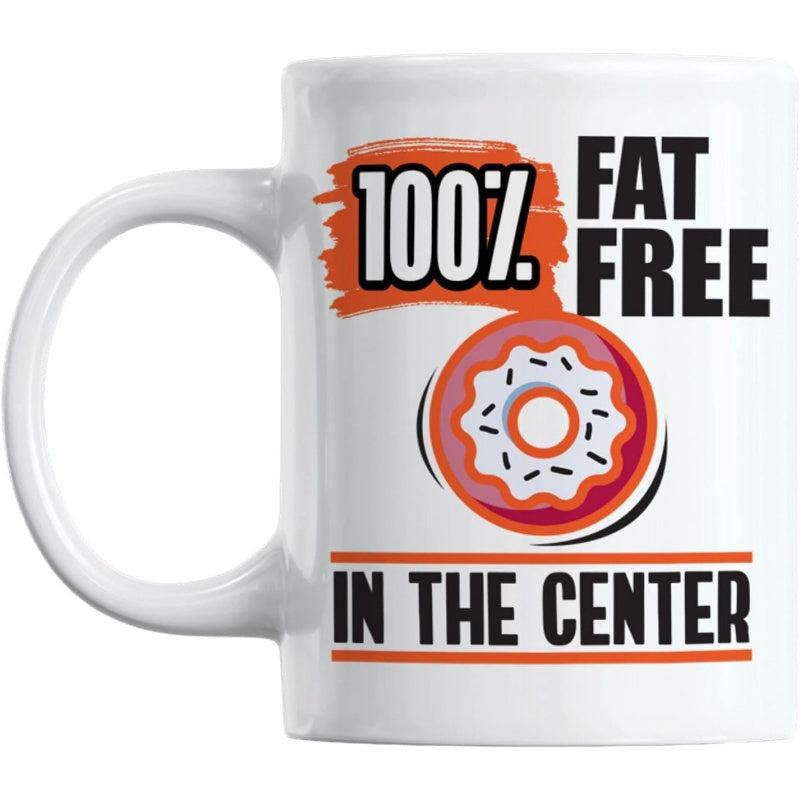 Tailorly White Ceramic 11 oz Mug - 100% Fat Free In The Center Vibrant Pink Glazed Circular Treat With Colorful Sprinkles And Central Hole Donut