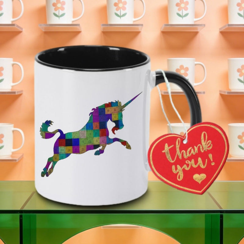 Tailorly Black Accent 11 oz Mug - striped map with colorful unicorn