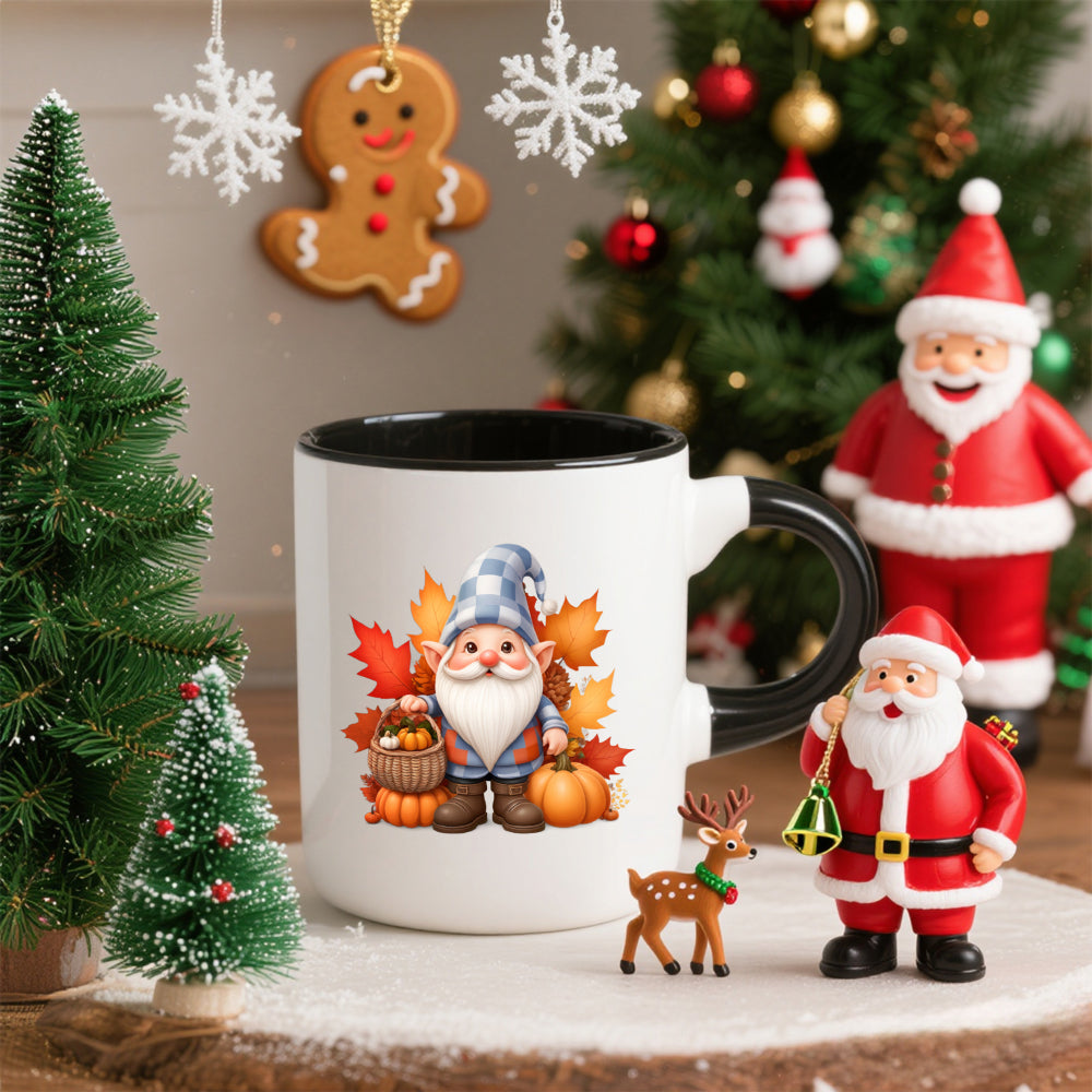 Tailorly Black Accent 11 oz Mug - christmas gnome with autumn pumpkins
