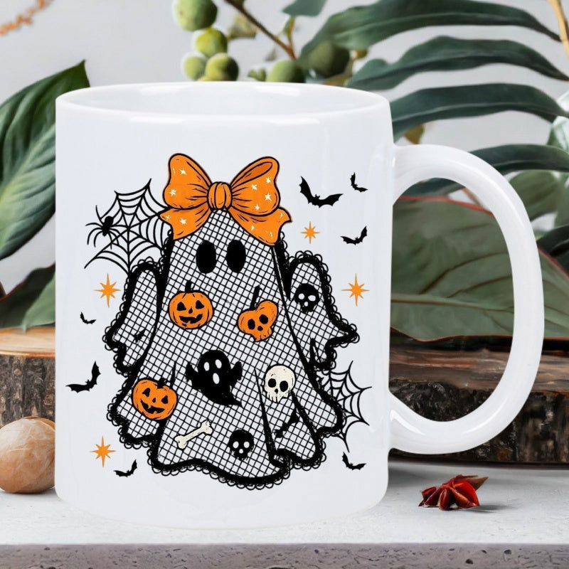 Tailorly White Ceramic 11 oz Mug - Cute Spooky Lace Patterned Figure Wearing Large Polka Dot Orange Bow Ghost