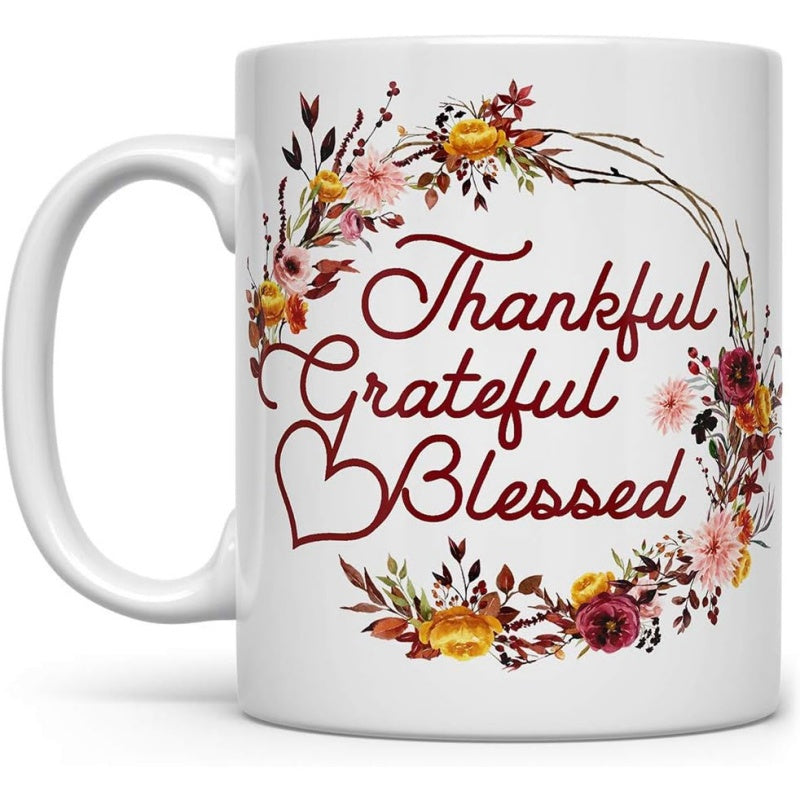 Tailorly White Ceramic 11 oz Mug - Thankful Grateful Blessed Autumn Flowers And Blooming Leaves Arranged In A Circular Decorative Floral Wreath