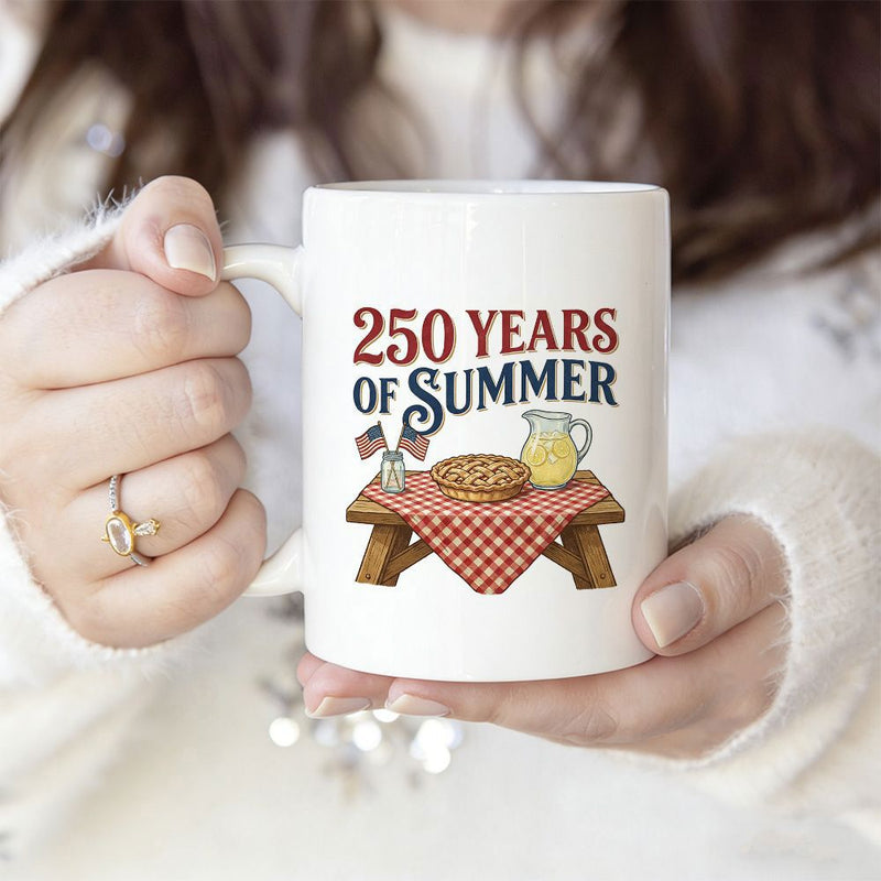 Tailorly White Ceramic 11 oz Mug - 250 Years Of Summer Festive Wooden Table With Pie And Lemonade Featuring Patriotic Flags Table