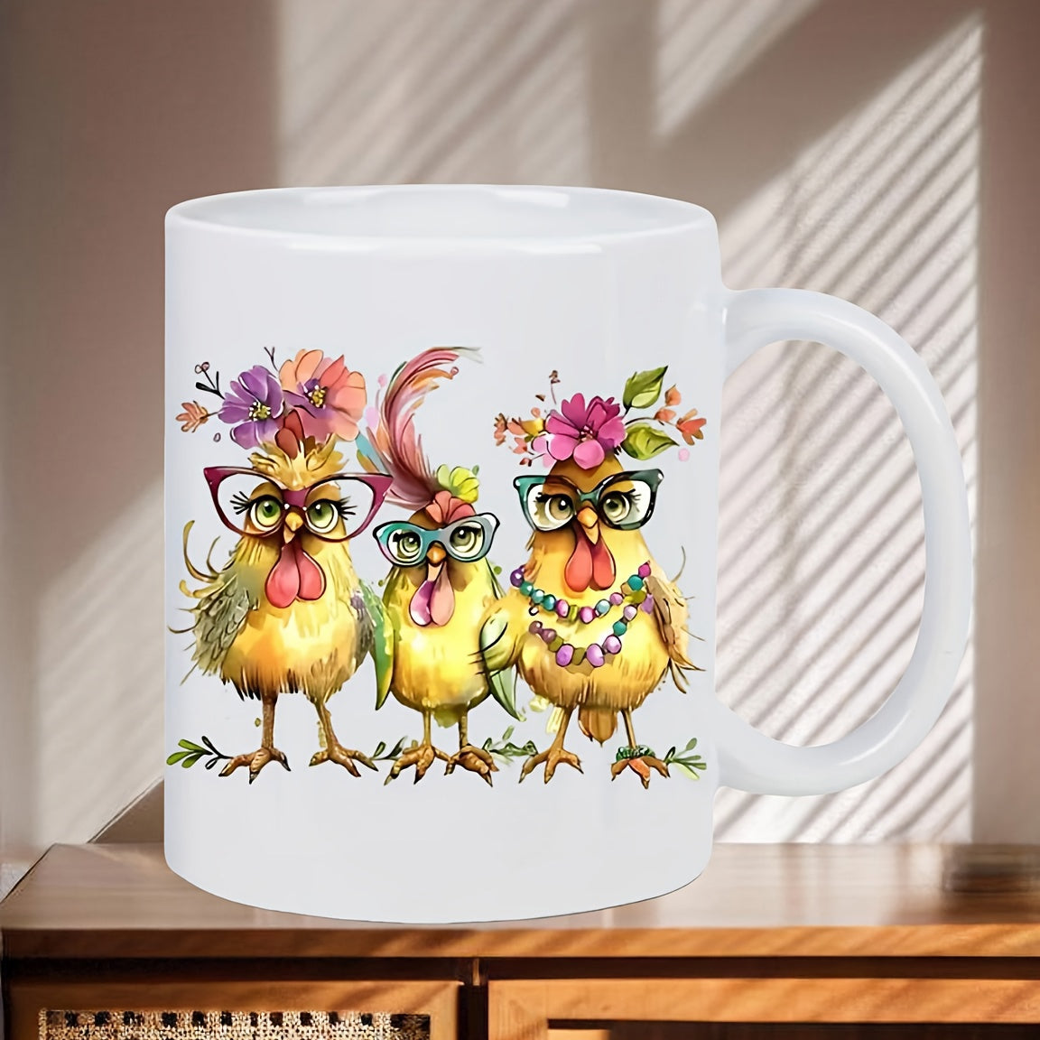 Tailorly White Ceramic 11 oz Mug - Three Adorable Whimsical Hens Wearing Floral Crowns And Stylish Eyeglasses Hen