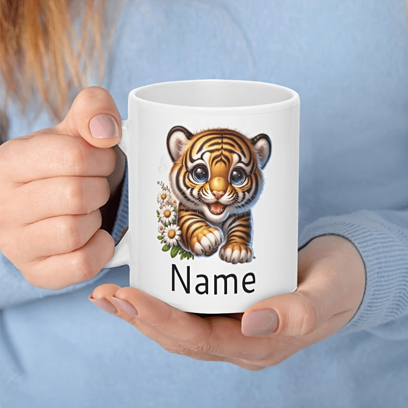 Tailorly White Ceramic 11 oz Mug - Name Adorable Baby Tiger With Bright Blue Eyes Beside White Flowers Tiger
