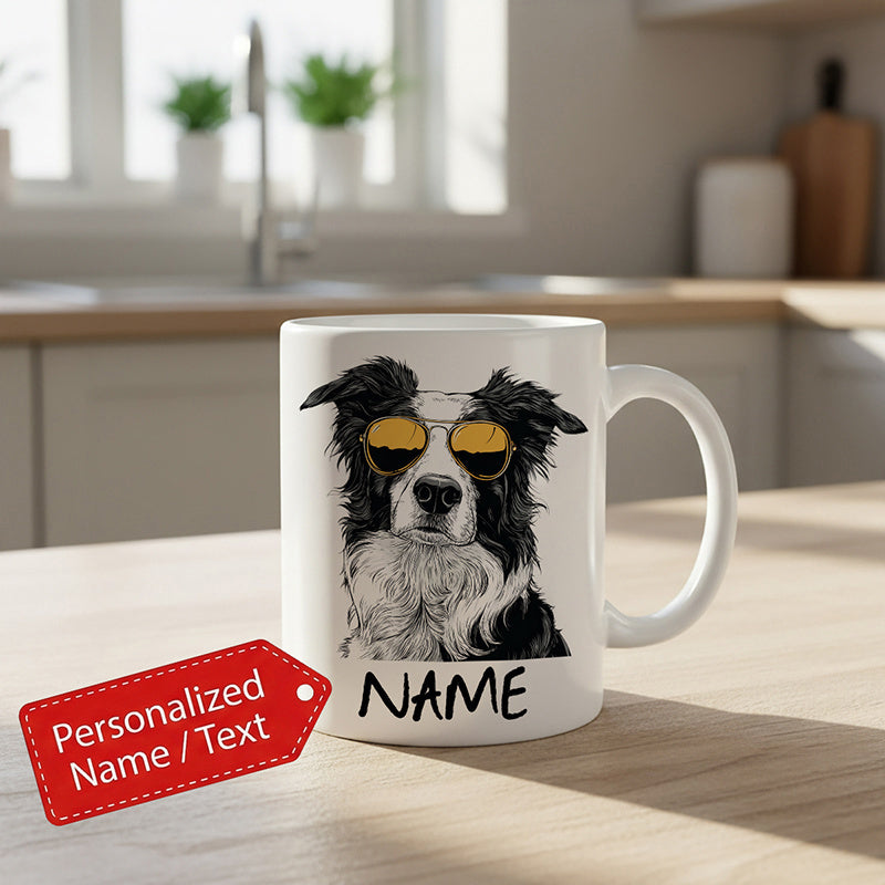 Tailorly White Ceramic 11 oz Mug - Name Cool Border Collie Wearing Stylish Reflective Yellow Sunglasses Artistic Dog