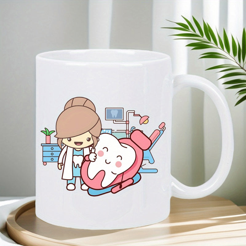 Tailorly White Ceramic 11 oz Mug - Cute Cartoon Female Dentist Caring For A Happy Smiling White Tooth