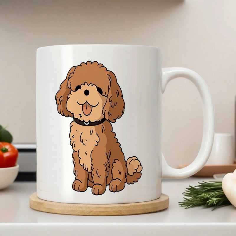 Tailorly White Ceramic 11 oz Mug - Adorable Brown Curly Haired Cartoon Dog Sitting Quietly On White Surface Poodle