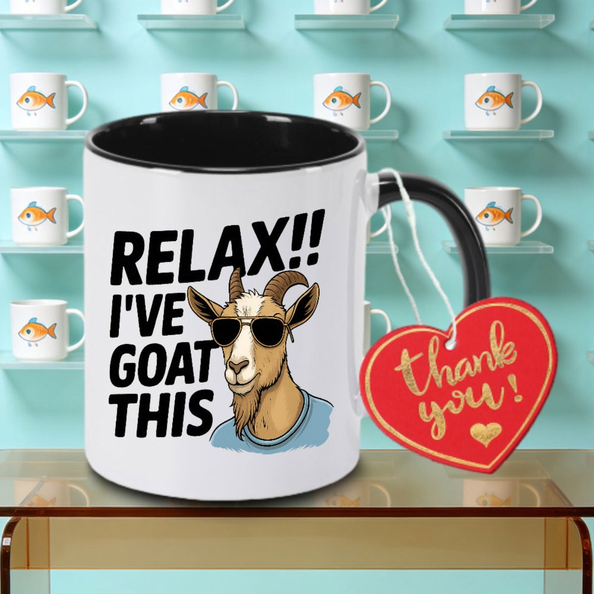 Tailorly Black Accent 11 oz Mug - Humorous goat wearing stylish glasses