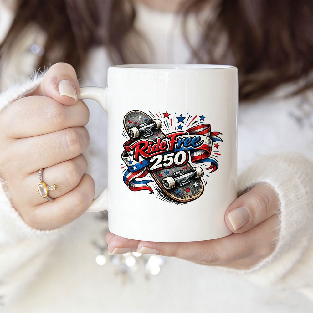 Tailorly White Ceramic 11 oz Mug - Ride Free 250 Patriotic American Flag Style Ribbons Decorating A Vintage Wooden Sport Skateboard