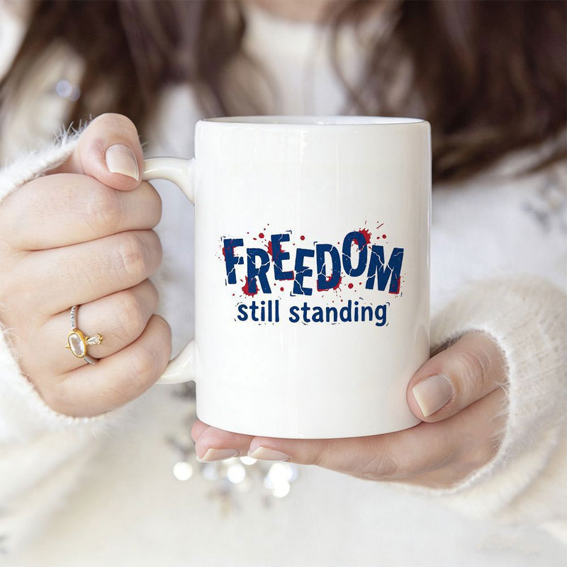 Tailorly White Ceramic 11 oz Mug - Freedom Still Standing Distressed Patriotic Typography With Blue And Red Splatter Details Artistic Design