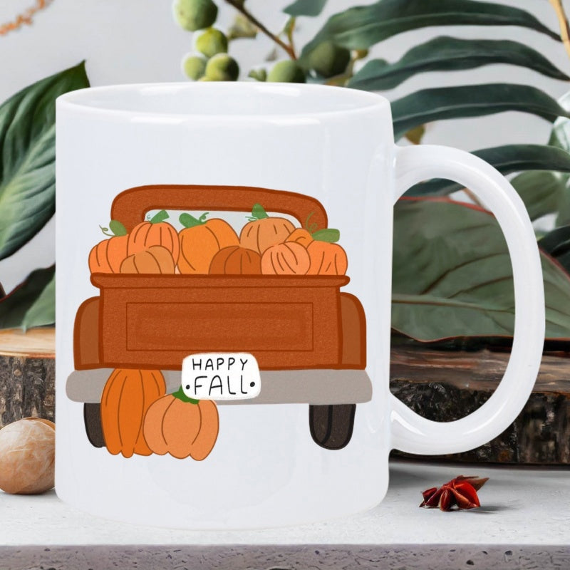 Tailorly White Ceramic 11 oz Mug - Happy Fall Rustic Vintage Wooden Truck Loaded With Festive Ripe Harvest Autumn Pumpkins Truck