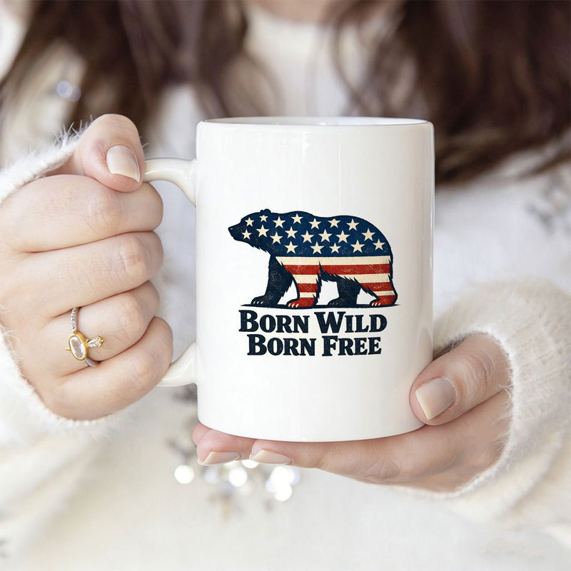 Tailorly White Ceramic 11 oz Mug - Born Wild Born Free Patriotic American Flag Pattern Filled Inside A Majestic Walking Forest Animal Bear