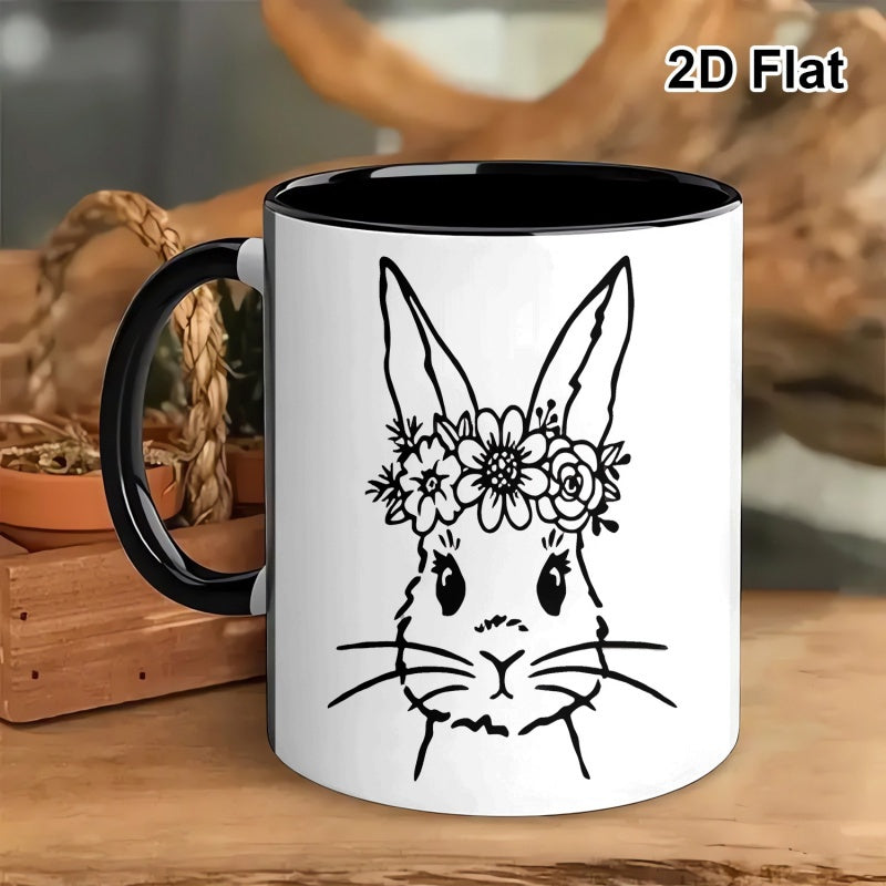 Tailorly Black Accent 11 oz Mug - black and white easter bunny with floral