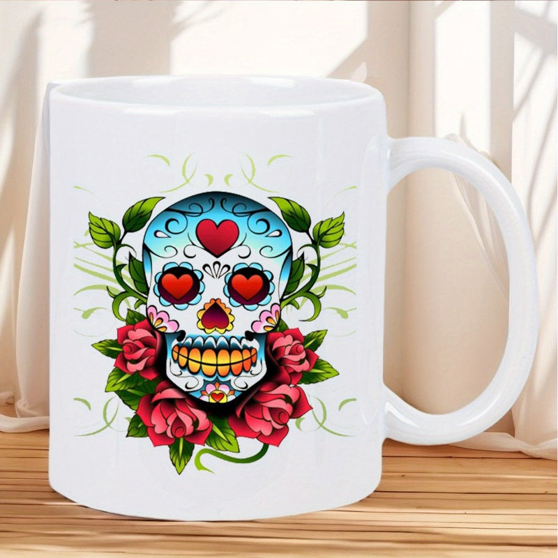 Tailorly White Ceramic 11 oz Mug - Colorful Sugar Skull With Red Heart Eyes And Blooming Roses Floral Skull