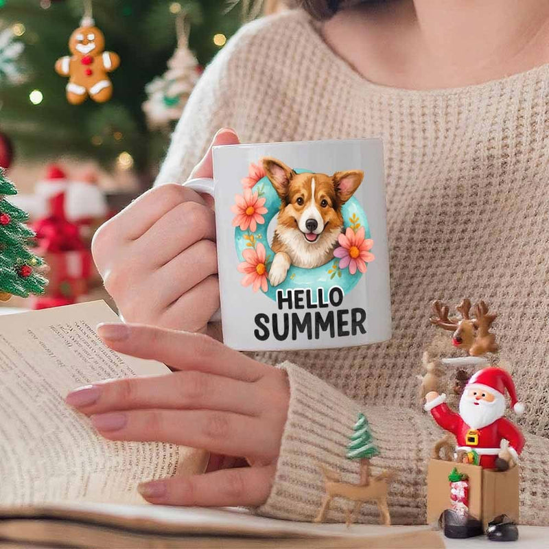 Tailorly White Ceramic 11 oz Mug - Hello Summer Charming Happy Dog Surrounded By Pink Flowers And Blue Ring Corgi