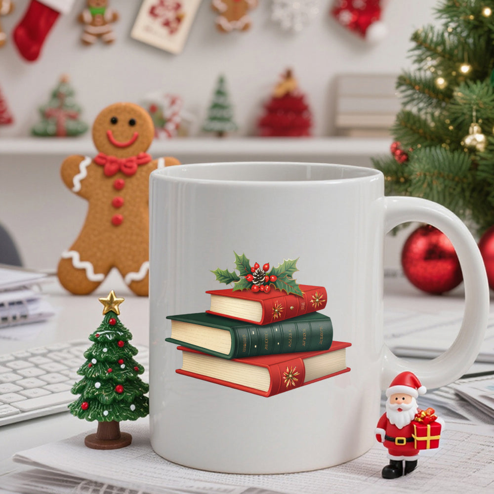 Tailorly White Ceramic 11 oz Mug - Stacked Festive Red And Green Classic Volumes With Holly Sprig Books