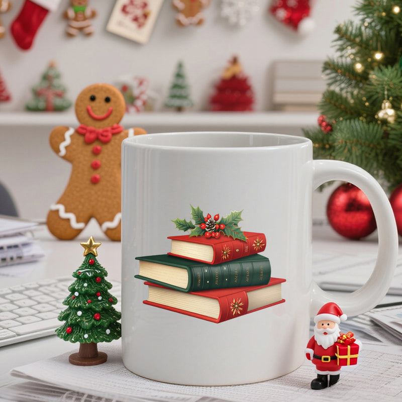 Tailorly White Ceramic 11 oz Mug - Stacked Festive Red And Green Classic Volumes With Holly Sprig Books
