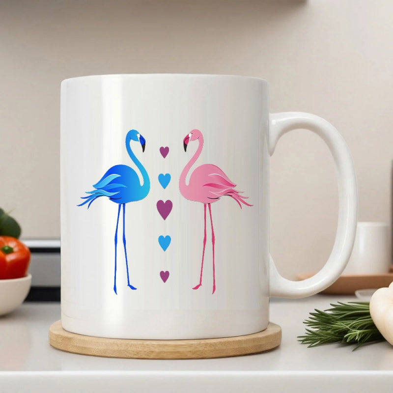 Tailorly White Ceramic 11 oz Mug - Vibrant Blue And Pink Flamingos Facing Each Other Among Small Hearts Flamingo