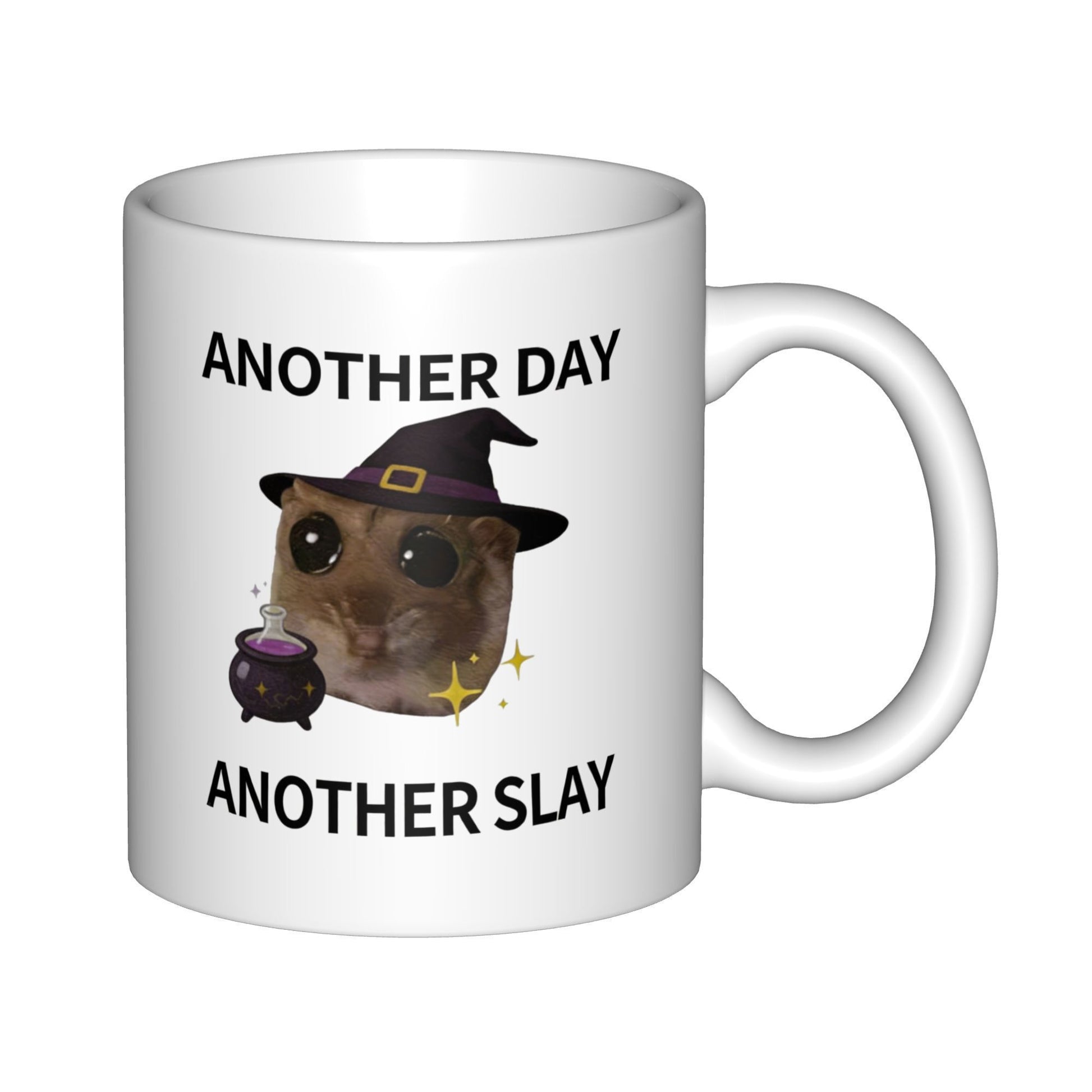 Tailorly White Ceramic 11 oz Mug - Another Day Another Slay Cute Brown Hamster Wearing Witch Hat Beside Purple Cauldron Hamster