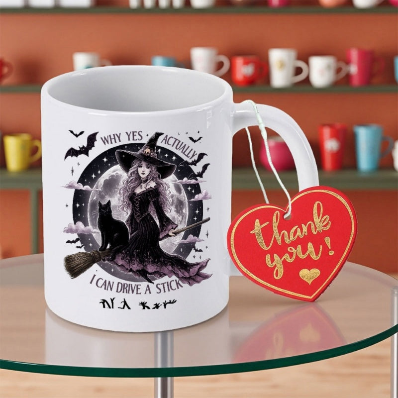 Tailorly White Ceramic 11 oz Mug - Why Yes Actually I Can Drive A Stick Gothic Mystical Moonlight With Black Cat And Flying Witch