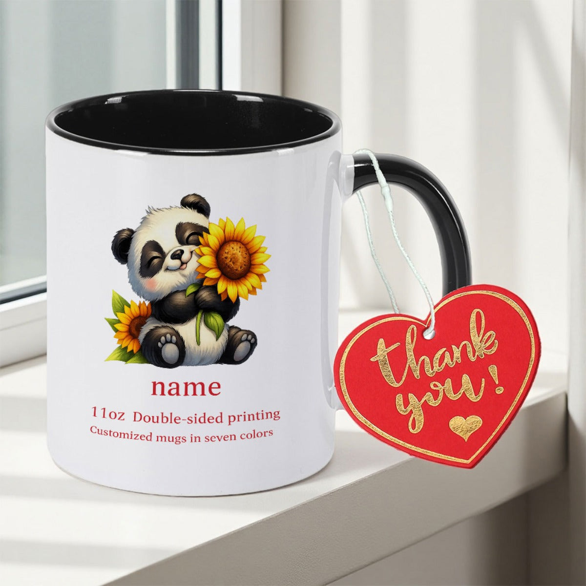 Tailorly Black Accent 11 oz Mug - Panda and Sunflower Pattern