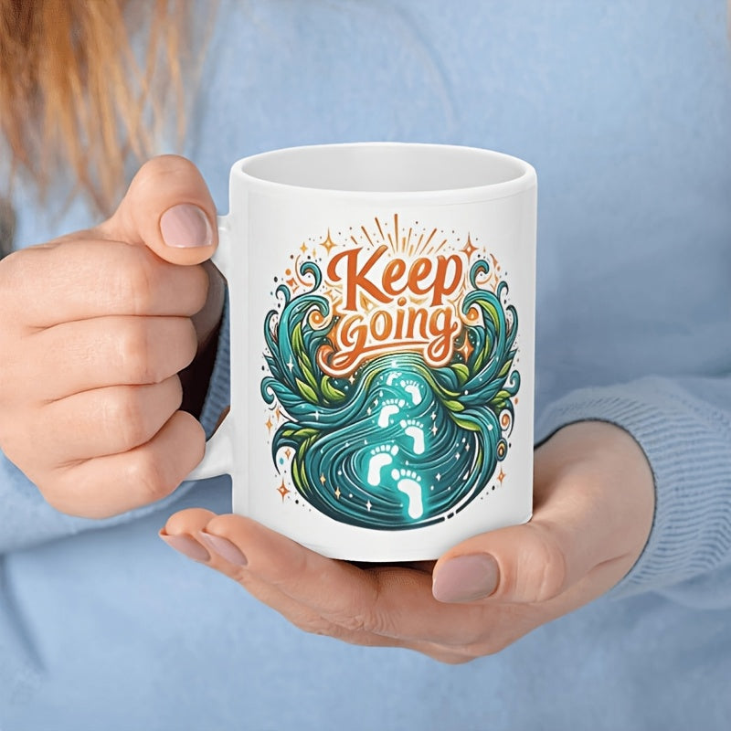 Tailorly White Ceramic 11 oz Mug - Keep Going Swirling Deep Blue Water With Glowing Footprints And Golden Stars Wave