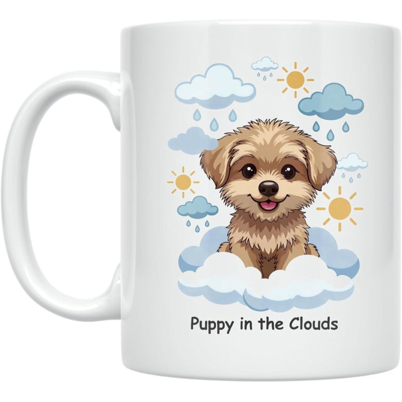 Tailorly White Ceramic 11 oz Mug - Puppy In The Clouds Adorable Fluffy Canine Resting Peacefully Among Soft White Cotton Clouds Puppy