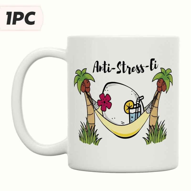 Tailorly White Ceramic 11 oz Mug - Anti Stress Ei Tropical Palm Trees Holding A Yellow Hammock With A Relaxing Summer Drink Egg